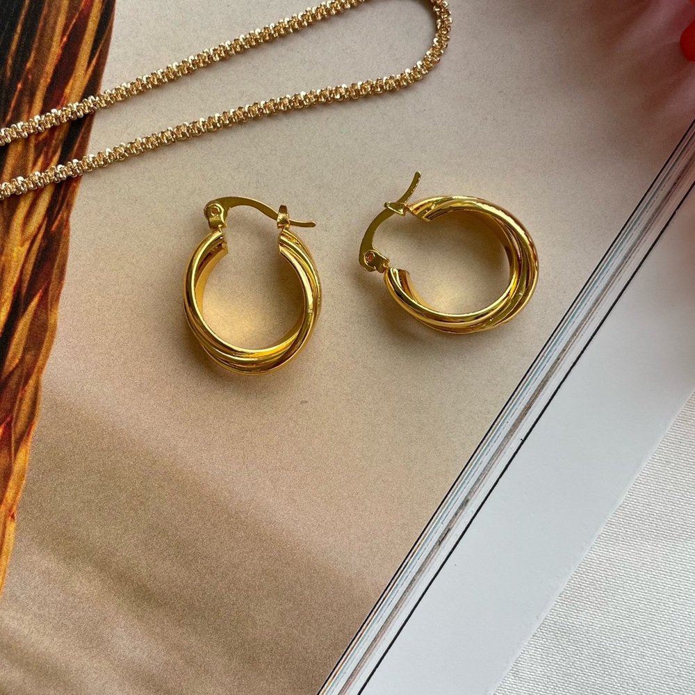 NEW Vintage Style Golden Hour Twisted Contrast Gold Chunky Hoop Earrings Pair
